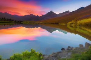A breathtaking sunset over a serene mountain landscape