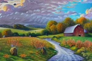 A serene landscape painting of a peaceful countryside