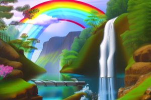 A serene landscape with a majestic waterfall cascading down a rocky cliff