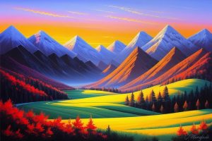 A stunning landscape painting of a serene mountain range at sunset